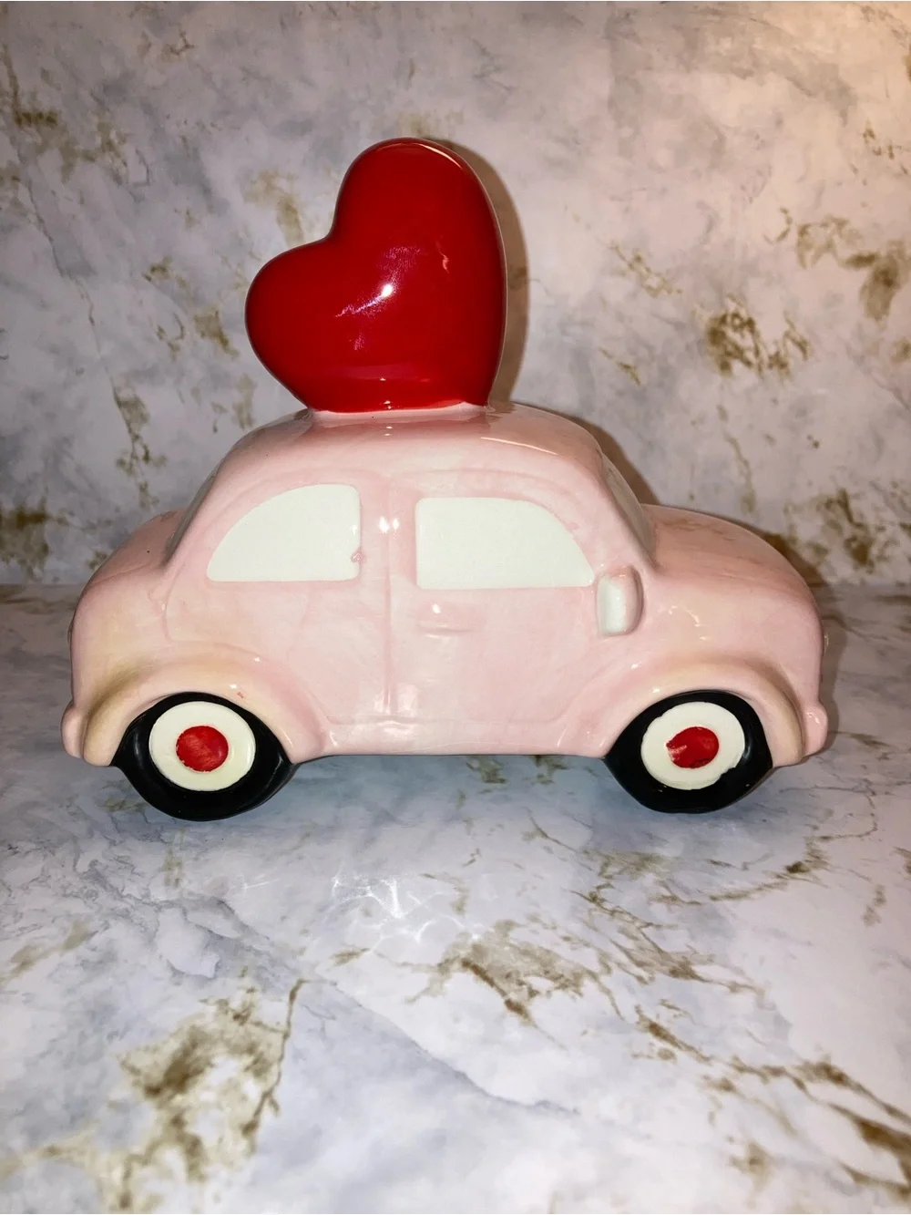 Pink Ceramic Retro Car with Red Love Heart Coquette Holiday Decor
